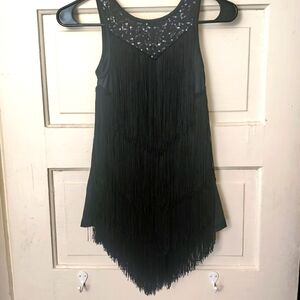 Balera girls dance dress costume, black fringe. Size MC (10-12).